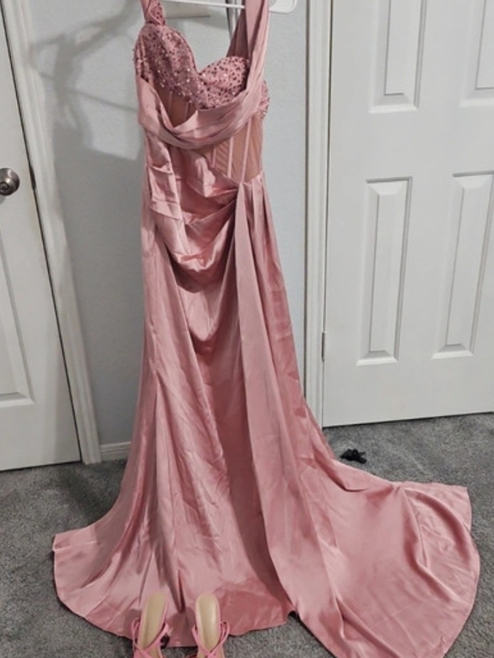 Blush Pink Beaded Prom Gown with Draped Satin Skirt